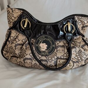 Betty Boop Black & Tan Logo Shoulder Bag with Gold Hardware